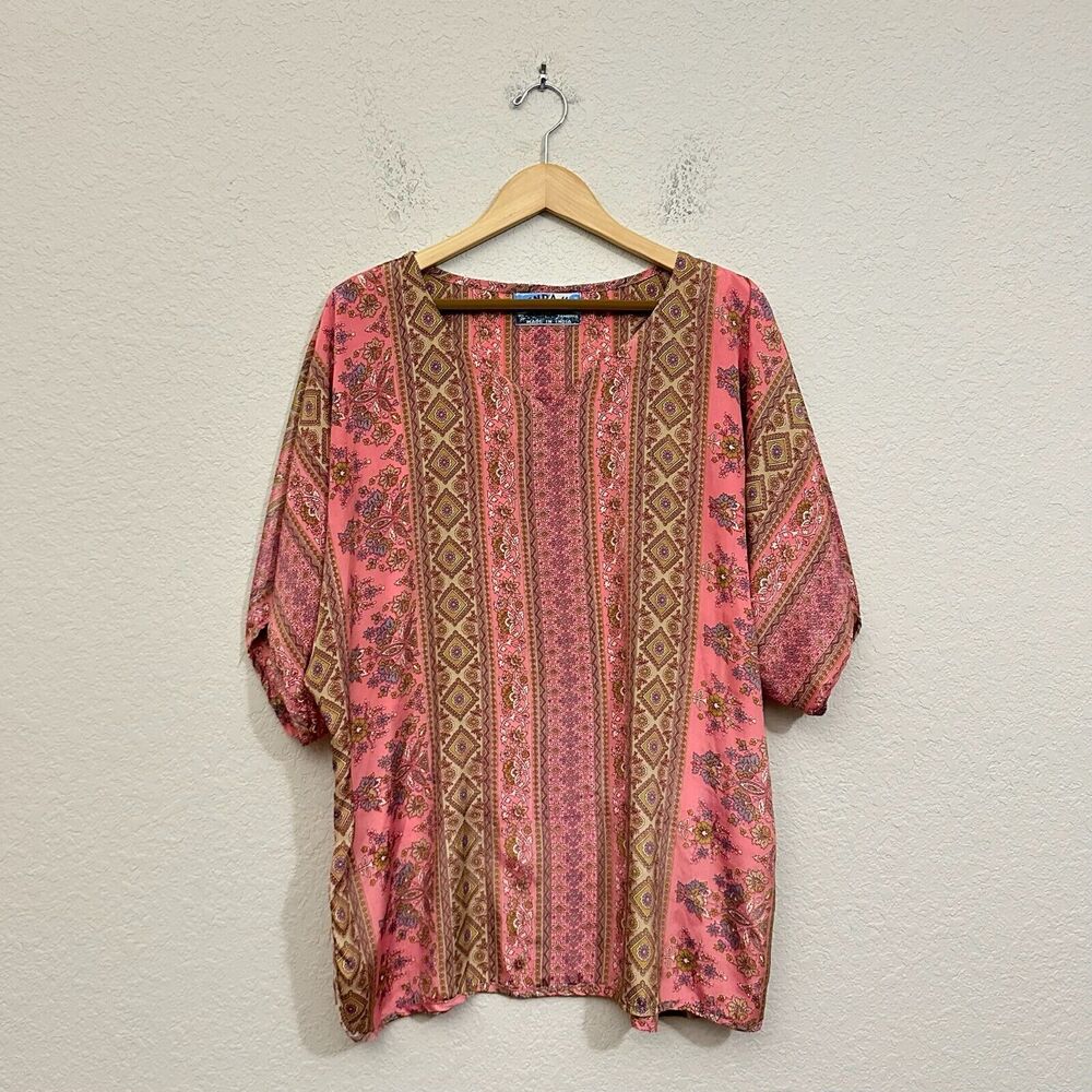 TIENDA HO Tunic Top Blouse Coral Pink Floral Relaxed Bohemian